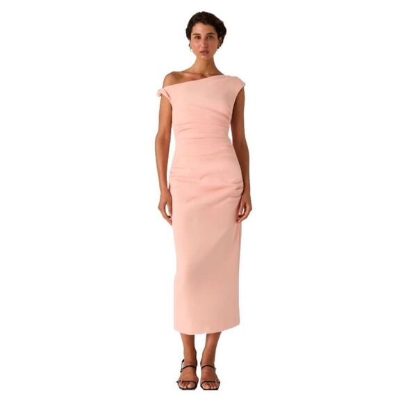 MISHA Alaska off the shoulder crepe maxi dress in pink nude size m NWOT - Picture 1 of 7